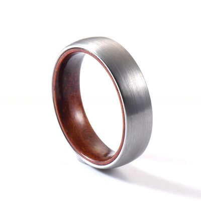 Geometric Pattern Tungsten Wedding Band for Men and Women 6mm Rose Wood Inner Ring in Beveled or Offest Grooved Styles