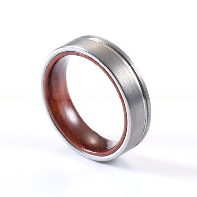 Geometric Pattern Tungsten Wedding Band for Men and Women 6mm Rose Wood Inner Ring in Beveled or Offest Grooved Styles
