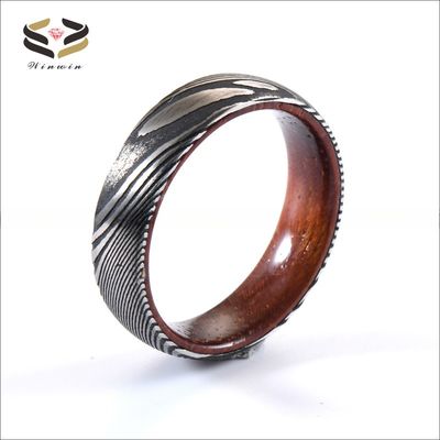 6mm 8mm Etched Damascus Steel Wedding Rings With Rose Wood Sleeve Inlay For Christmas Gift Jewelry Type Rings Materials