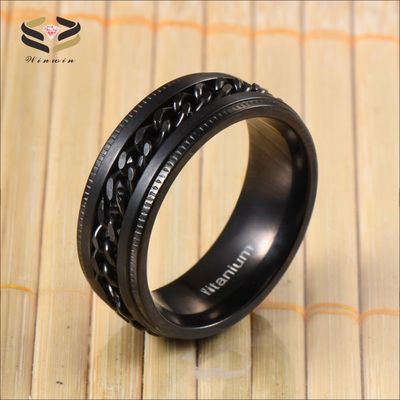 Gear Step Edge Black Titanium Rings Stainless Steel Chain Braided Inlay 8mm