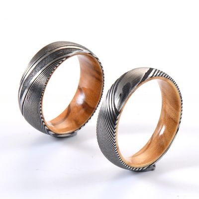Etched Wedding Damascus Steel Rings Olive Wood Sleeve Inlayed 6mm 8mm For Christmas Gift