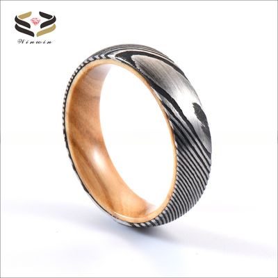 Etched Wedding Damascus Steel Rings Olive Wood Sleeve Inlayed 6mm 8mm For Christmas Gift