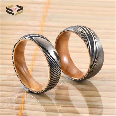 Etched Wedding Damascus Steel Rings Olive Wood Sleeve Inlayed 6mm 8mm For Christmas Gift