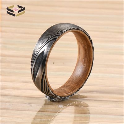 Etched Damascus Steel Wedding Rings 6mm 8mm With Whiskey Barrel Wood Sleeve Inlay