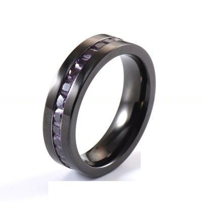 Purple CZ Stone Inlay Wedding Titanium Rings Black Plated Flat Edges Mens 6MM