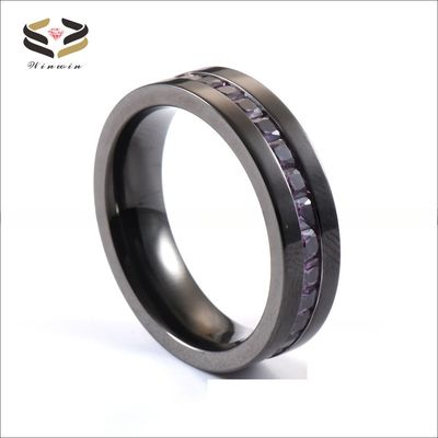 Purple CZ Stone Inlay Wedding Titanium Rings Black Plated Flat Edges Mens 6MM