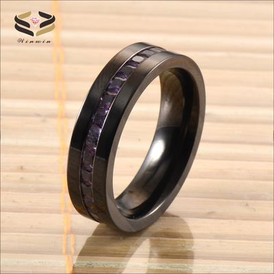 Purple CZ Stone Inlay Wedding Titanium Rings Black Plated Flat Edges Mens 6MM