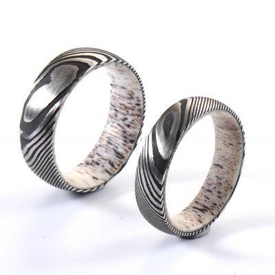 Etched Wedding Damascus Steel Rings 6mm 8mm With Deer Antler Sleeve Inlay