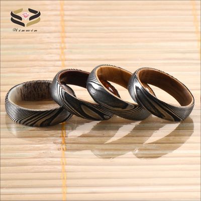 Etched Wedding Damascus Steel Rings 6mm 8mm With Deer Antler Sleeve Inlay