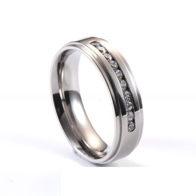 Main Stone Rhinestone Titanium Wedding Ring 6MM Silver CZ Stone Inlayed