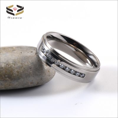 Main Stone Rhinestone Titanium Wedding Ring 6MM Silver CZ Stone Inlayed