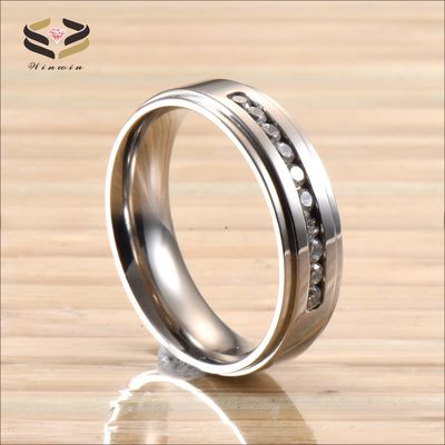 Main Stone Rhinestone Titanium Wedding Ring 6MM Silver CZ Stone Inlayed