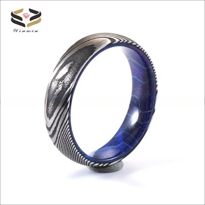 Etched Damascus Wedding Rings 6mm 8mm With Blue Purple Wood Sleeve Inlay