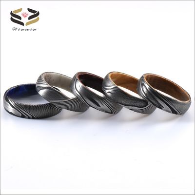 Etched Damascus Wedding Rings 6mm 8mm With Blue Purple Wood Sleeve Inlay