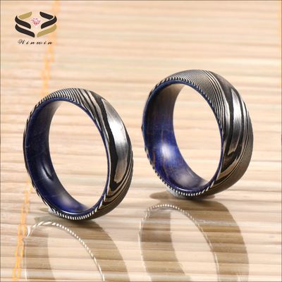 Etched Damascus Wedding Rings 6mm 8mm With Blue Purple Wood Sleeve Inlay