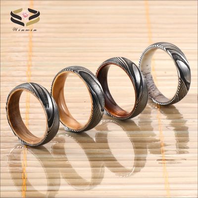 Etched Damascus Wedding Rings 6mm 8mm With Blue Purple Wood Sleeve Inlay