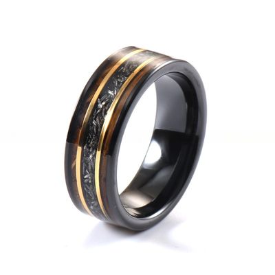 8mm Tungsten Carbide Ring with Gold Line Whiskey Barrel Wood and Meteorite Inlay Trendy Men's Anniversary Selection