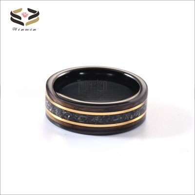 8mm Tungsten Carbide Ring with Gold Line Whiskey Barrel Wood and Meteorite Inlay Trendy Men's Anniversary Selection