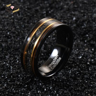 8mm Tungsten Carbide Ring with Gold Line Whiskey Barrel Wood and Meteorite Inlay Trendy Men's Anniversary Selection