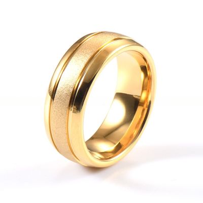 Mens 18K Gold Tungsten Wedding Band Ring 8mm Sandblasted Center Two Grooved Polished Dome Edges