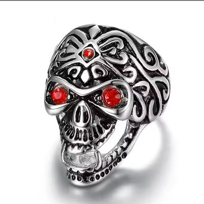 Vintage Flower Carved Stainless Steel Men's Ring with Red Crystal Eye and Halloween Party Accessory