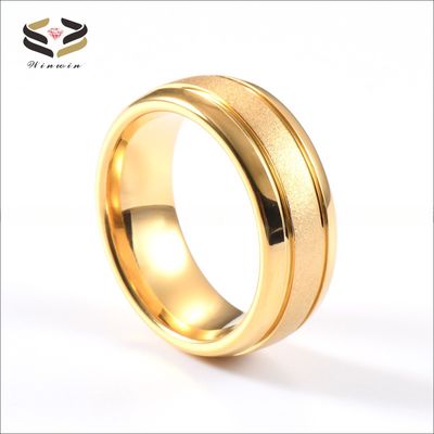 Mens 18K Gold Tungsten Wedding Band Ring 8mm Sandblasted Center Two Grooved Polished Dome Edges