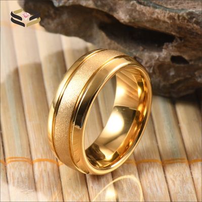 Mens 18K Gold Tungsten Wedding Band Ring 8mm Sandblasted Center Two Grooved Polished Dome Edges