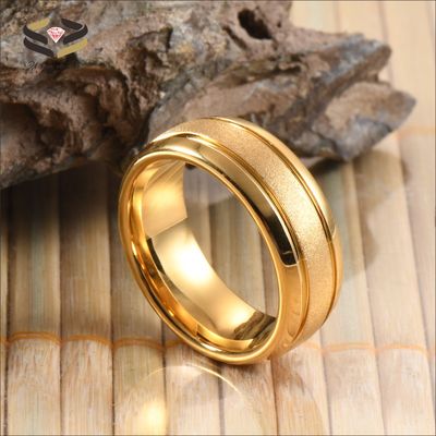 Mens 18K Gold Tungsten Wedding Band Ring 8mm Sandblasted Center Two Grooved Polished Dome Edges