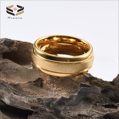 Mens 18K Gold Tungsten Wedding Band Ring 8mm Sandblasted Center Two Grooved Polished Dome Edges