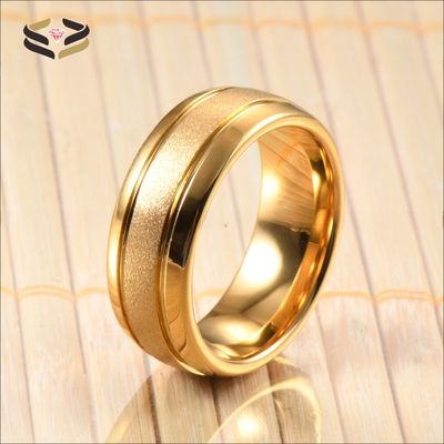 Mens 18K Gold Tungsten Wedding Band Ring 8mm Sandblasted Center Two Grooved Polished Dome Edges