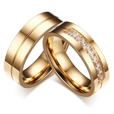 6mm Wedding Stainless Steel Rings with CZ Stone Inlay Gold Plated Flat Edges Couples