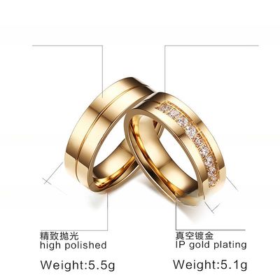 6mm Wedding Stainless Steel Rings with CZ Stone Inlay Gold Plated Flat Edges Couples