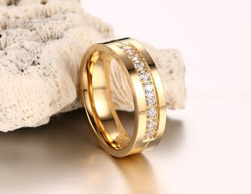 6mm Wedding Stainless Steel Rings with CZ Stone Inlay Gold Plated Flat Edges Couples