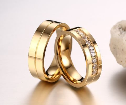 6mm Wedding Stainless Steel Rings with CZ Stone Inlay Gold Plated Flat Edges Couples