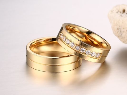 6mm Wedding Stainless Steel Rings with CZ Stone Inlay Gold Plated Flat Edges Couples