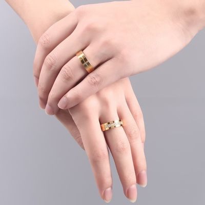 6mm Wedding Stainless Steel Rings with CZ Stone Inlay Gold Plated Flat Edges Couples
