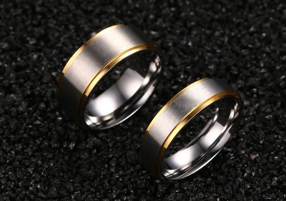 Silver Gold Step Edges Men'S Stainless Steel Wedding Bands 8mm 6mm With Diamond Shape