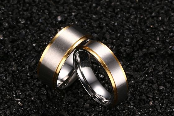 Silver Gold Step Edges Men'S Stainless Steel Wedding Bands 8mm 6mm With Diamond Shape