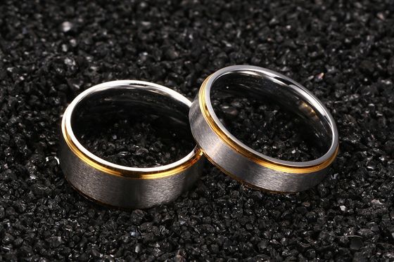 Silver Gold Step Edges Men'S Stainless Steel Wedding Bands 8mm 6mm With Diamond Shape