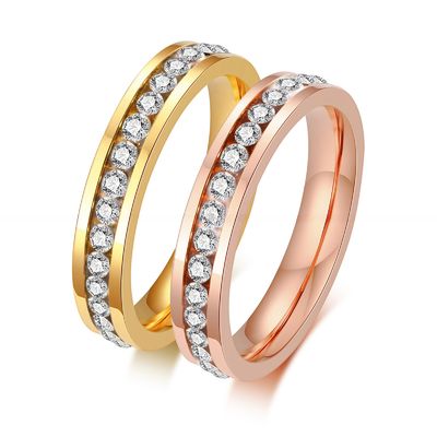 4mm Wedding Cubic Zirconia Stainless Steel Rings Rose Gold Black Gold Waterproof Stackable