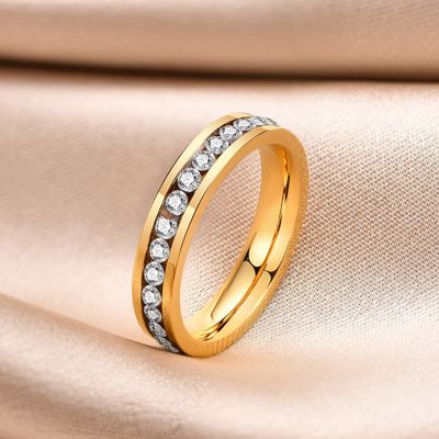 4mm Wedding Cubic Zirconia Stainless Steel Rings Rose Gold Black Gold Waterproof Stackable