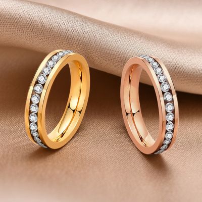 4mm Wedding Cubic Zirconia Stainless Steel Rings Rose Gold Black Gold Waterproof Stackable