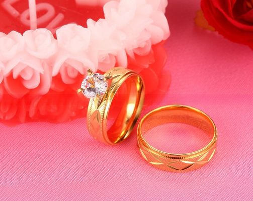 Invisible Setting Gold Plated CZ Inlay Stainless Steel Wedding Rings 6mm For Men Women