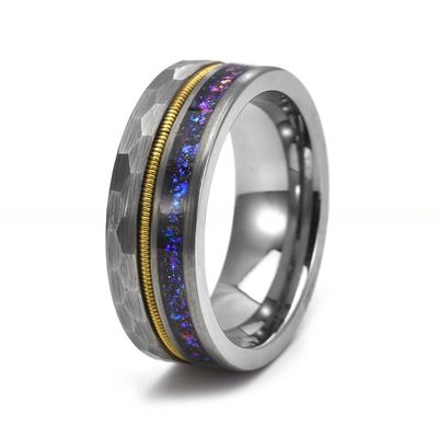 8mm Fashion Men's Guitar String Silver Tungsten Ring with Blue Sandstone Inlay Third Party Appraisal Diamond Shape Other