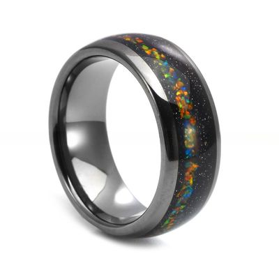 Silver 8mm Dome Nebula Rings Tungsten Colorful Opal Inlay Ring Blue Sandstone Inlay Galaxy Wedding Ring for Men