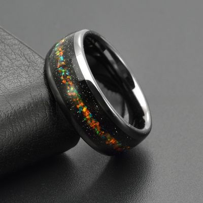 Silver 8mm Dome Nebula Rings Tungsten Colorful Opal Inlay Ring Blue Sandstone Inlay Galaxy Wedding Ring for Men