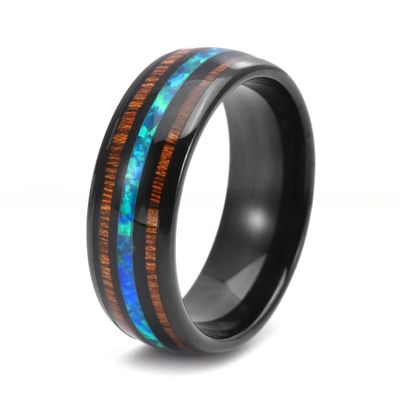 8mm Black Tungsten Ring with Wood and Blue Opal Inlay Unisex Wedding Engagement Promise Anniversary Gift