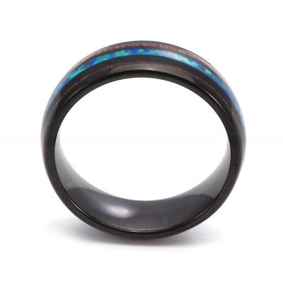 8mm Black Tungsten Ring with Wood and Blue Opal Inlay Unisex Wedding Engagement Promise Anniversary Gift