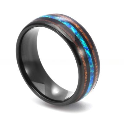8mm Black Tungsten Ring with Wood and Blue Opal Inlay Unisex Wedding Engagement Promise Anniversary Gift