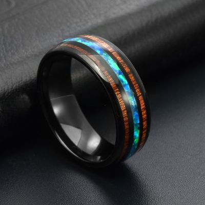 8mm Black Tungsten Ring with Wood and Blue Opal Inlay Unisex Wedding Engagement Promise Anniversary Gift
